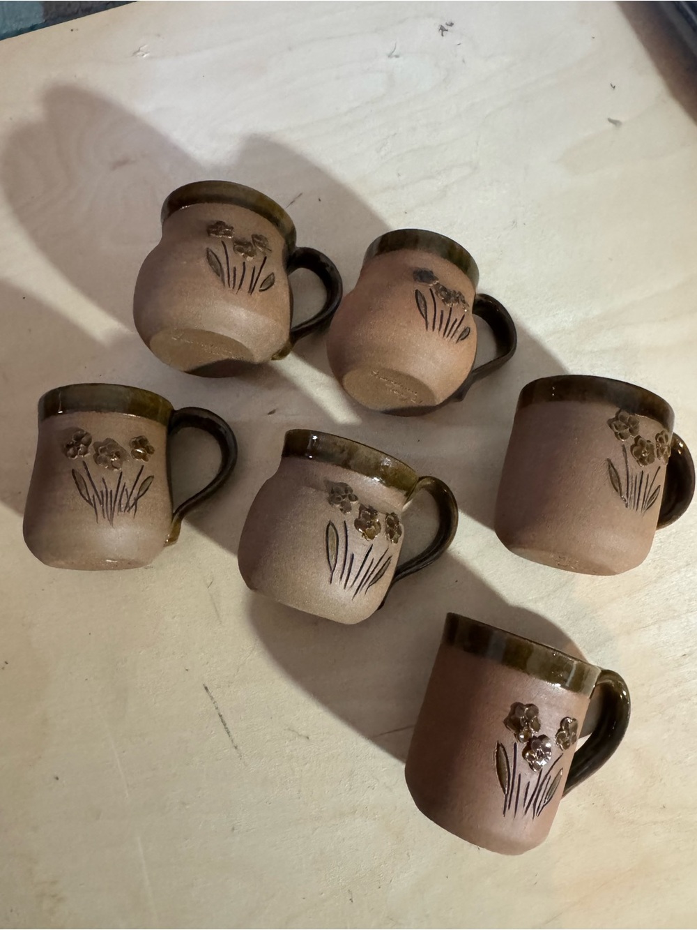 Handcrafted Floral Stoneware Pottery Mugs in Rustic Brown - Set of 6